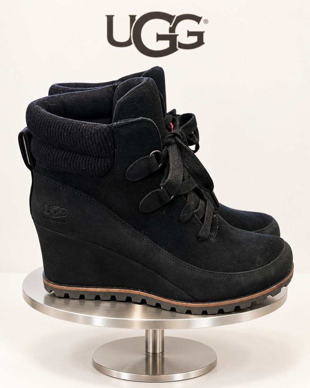 UGG Kriston Black Waterproof Suede Lace-Up Wedge Boots Women’s 8 NWOB